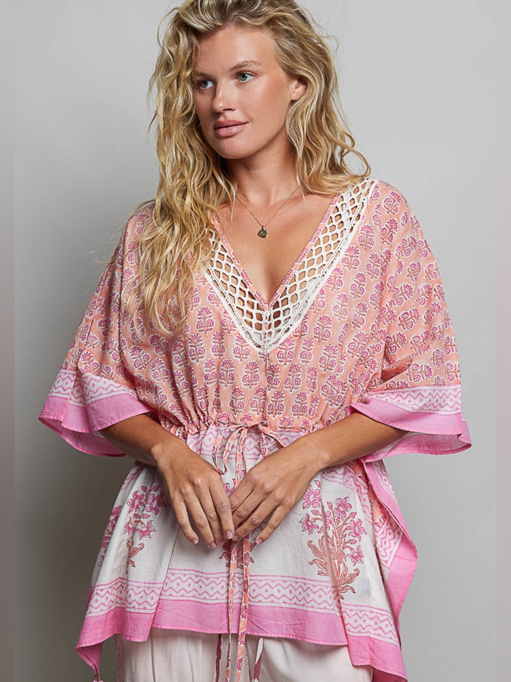 💗Hello Heartbreaker! POL Block Print Floral Tie Front Boho Blouse-Pink Multi